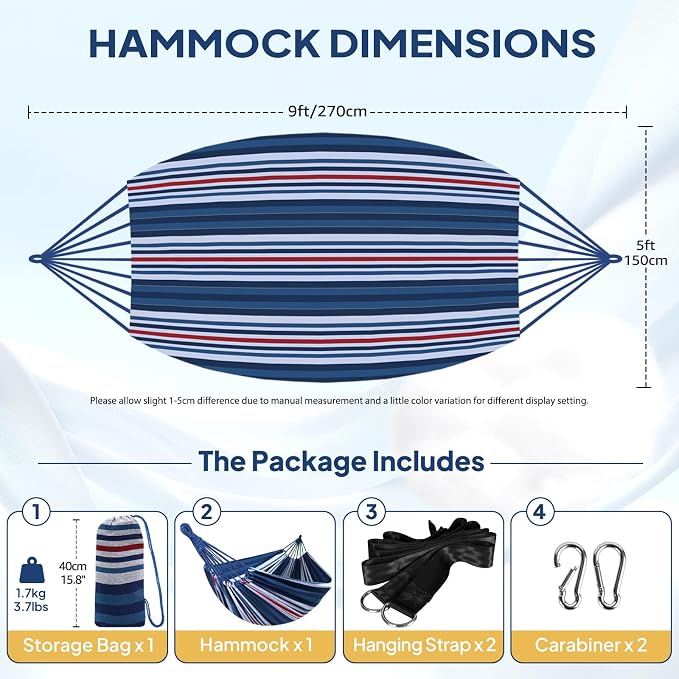 ANYOO Cotton Hammock Portable Camping Hammocks for Hanging Sturdy Garden Comfortable Fabric Hammock with Tree Straps Up to 660lbs with Travel Bag for Camping Outdoor/Indoor Patio Backyard