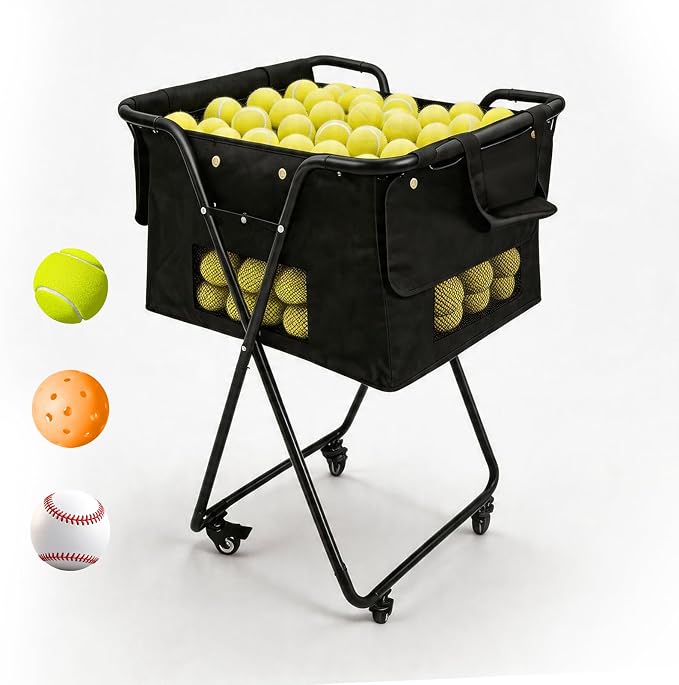 Tennis Ball Hopper Cart with 4 Wheels，Foldable Large Capacity Pickleball Tennis Ball Collector for Court Training, Coaching