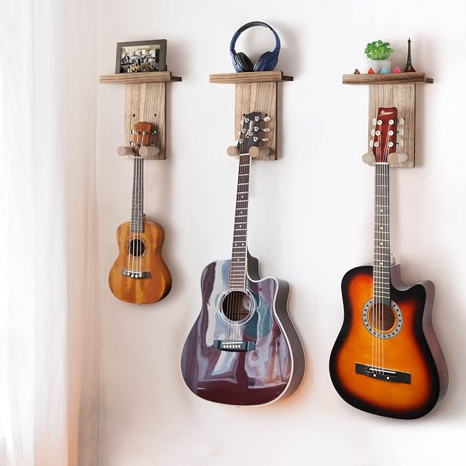 Keebofly 2 Pack Guitar Hanger Wall Shelf with Pick Holder Wood Rack for Acoustic, Electric, Ukulele, Bass, Mandolin - Brown (Patented)