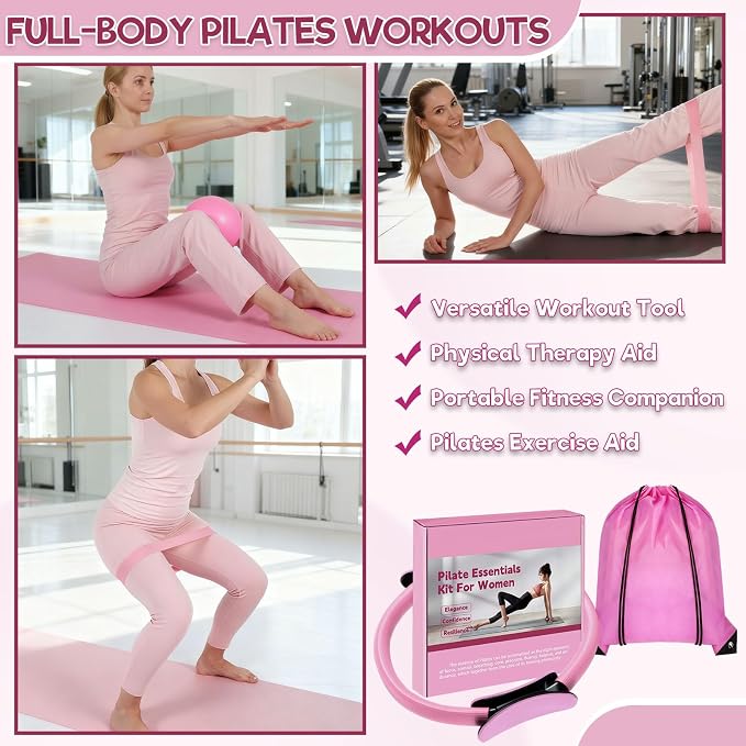 19 Pack Pilates Ring Set for Womem, Home Workout Equipment with 12 inch Magic Circle Pilates Ring and Ball Set, 5 Resistance Bands, Magic Circle, Grip Socks & Accessories for Full Body Toning