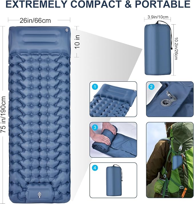 Sleeping Pad Camping, Ultra Lightweight & Compact Mattress for Outdoor & Indoor, Portable Sleeping Mat with Built-in Foot Pump & Pillow for Backpacking, Hiking, Traveling,Tent,Garden,Picnic