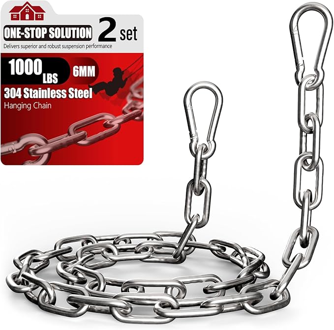 sprookber 1000LB Heavy Duty Hanging Swing Chain, 6mm Thick 304 Stainless Steel Hanging Chain with 4 Carabiners, 45" Hardware Kit for Hammock, Hanging Chair, Punching Bags, Tree, Indoor & Outdoor