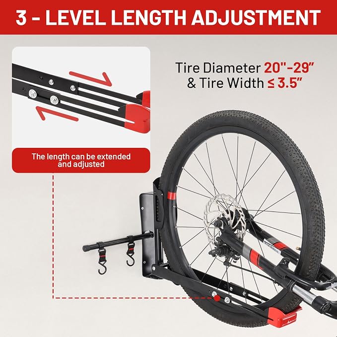 Bike Wall Mount Rack Adjustable & Foldable Garage Bike Rack with Swivel Design & 2 Storage Hooks, Fits 20"-29" Bikes, Holds Up to 77 lbs, Easy Install & Space-Saving Bike Storage 2 Pack