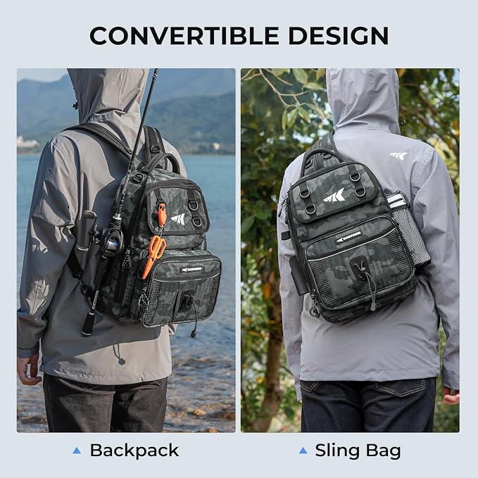 KastKing BaitSpace Fishing Sling Bag, Fishing Backpack with Rod & Beverage Holder, Tackle Bag for Fishing Gear