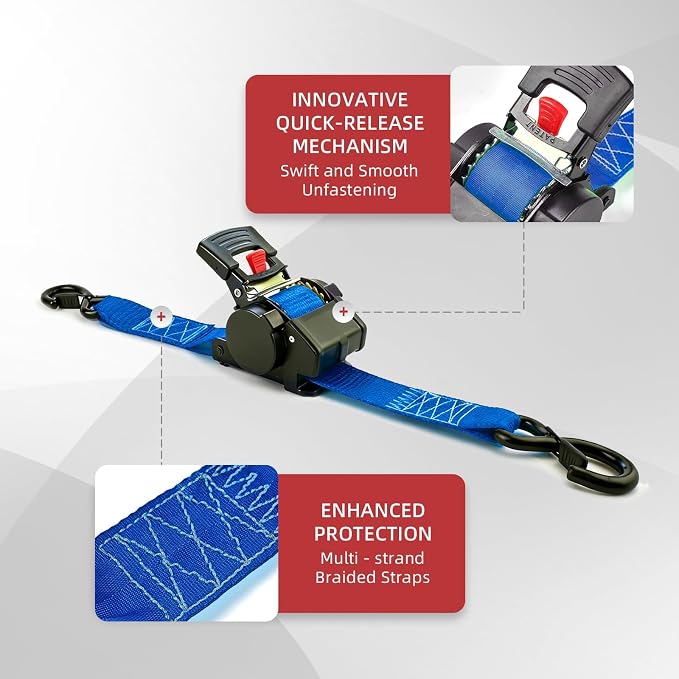 Retractable Ratchet Tie-Down Straps 1800 lbs, 1in × 10ft Auto Retract Cargo Straps with Zinc S-Hooks, Self-Retracting Tie Downs for Trucks, Roof Racks & Trailers, 2 Pack, Blue, Damped Rewind
