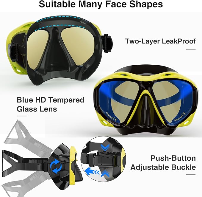 Snorkeling Gear for Adults, Snorkel Mask With Mirrored Tempered Glass Lens 180° Wide View Anti-Fog Scuba Diving Mask, Professional Snorkel Set for Swimming Diving, Gifts for Women Mom Men Dad