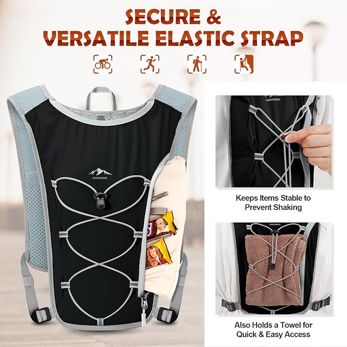 RAINSMORE Running Hydration Vest with 500ml Soft Flask, Waterproof Phone Pocket, Lightweight Hydration Pack, Adjustable No-Bounce Straps for Trail Running, Marathon, Cycling