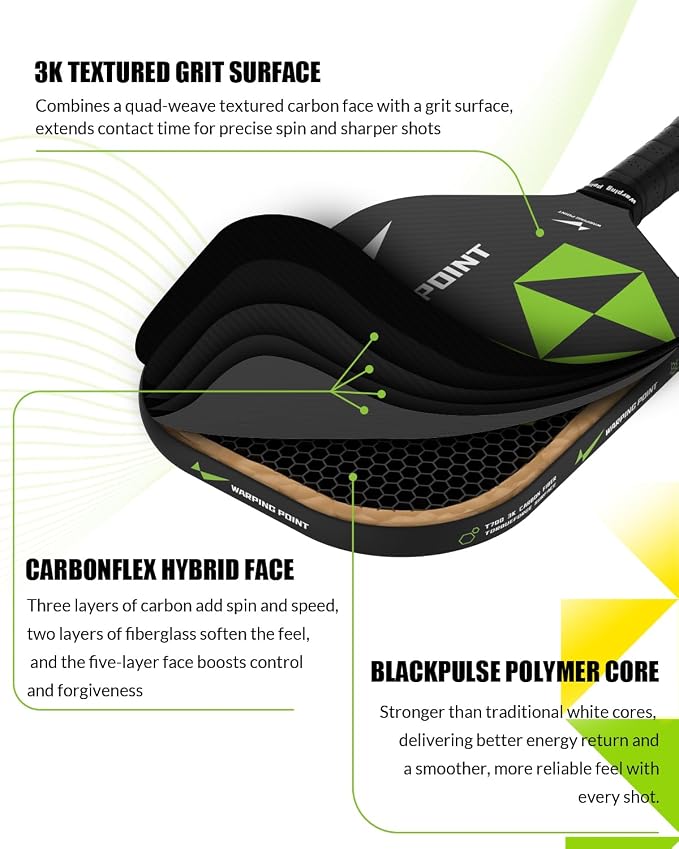 Warping Point Pickleball Paddle, Carbon Fiber Paddle with Endura Friction Surface, Polymer Honeycomb Core, Design for Ultimate Spin & Power, Large Sweet Spot & Contro, USAP Approved
