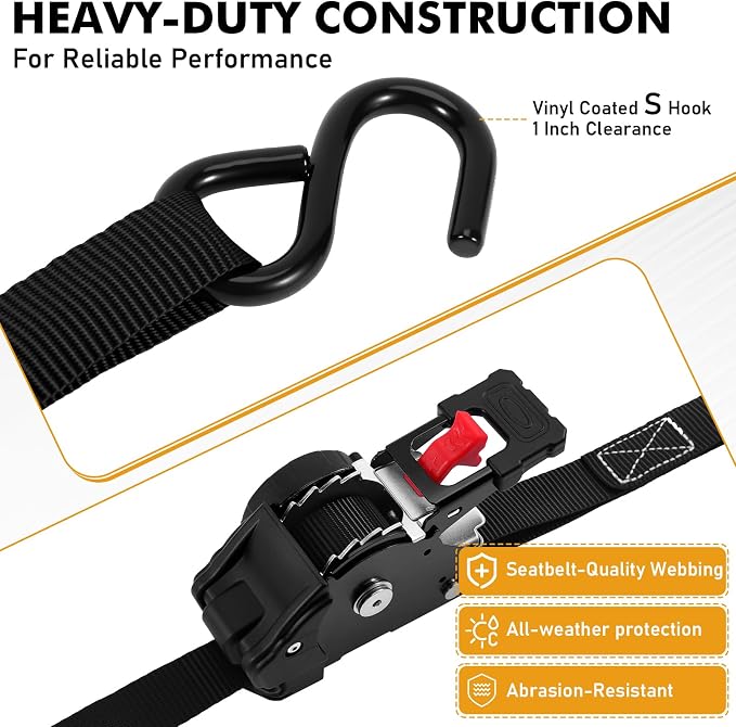 LEVELEVE Retractable Ratchet Tie Down Straps (1" x 6FT, 4-Pack, Black) - Heavy Duty 1560LBS Break Strength Quick-Lock, Weather Resistant for Moving, Cargo, Trucks & Boats