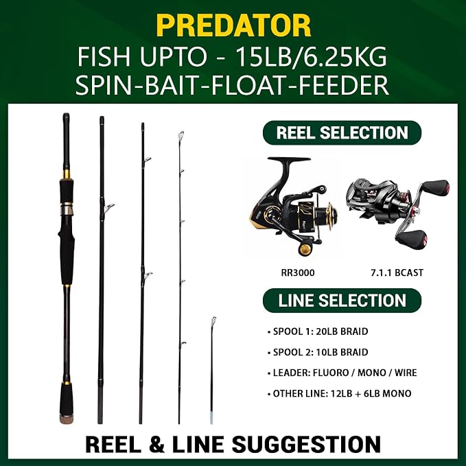 Rigged and Ready Predator Series Spin & Baitcast Travel Fishing Rods. Unique Spin Cast Micro Trigger. Compact Hi-Carbon Rods. 4 Rod Sections, 2 Tips, + case. Mobile Lure Rod Anglers. Fresh & Saltwater