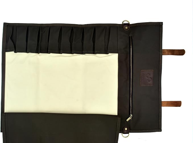 EVERPRIDE Stunning Waxed Canvas Roll Bag in Rich Dark Green w Genuine Leather Trim. Handsome Professional Chef Knife Roll Bag with upto 14" Knives and Storage Compartments A Super Gift