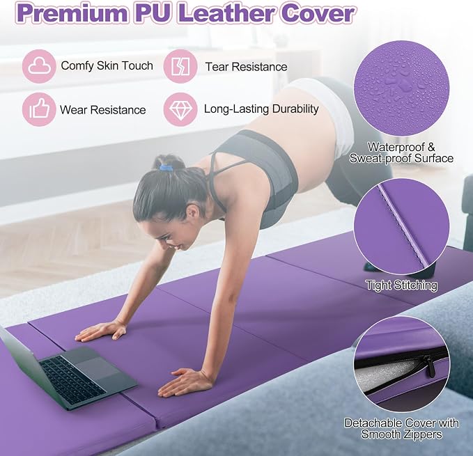 Goplus Gymnastics Mat, Folding Tumbling Mat with Carry Handles, Hook & Loop Fasteners, 4 Panels for Fitness Exercise Yoga Stretching Aerobics Workouts, Thick Gym Mats for Home