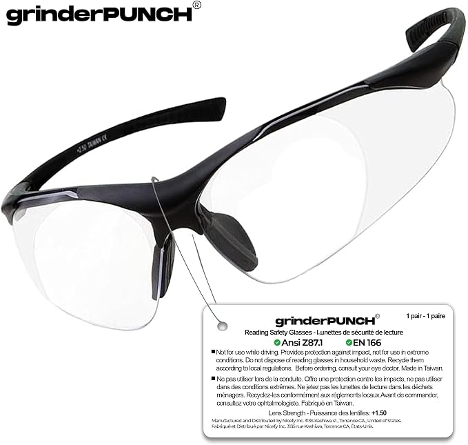 grinderPUNCH Full Lens Magnification Safety Glasses Readers ANSI Z87 Impact Resistant Diopter Magnifying Reading Glasses