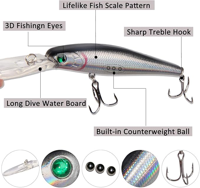 Fishing Lures Kit 10pcs Hard Bait Minnow Deep Diving Swimbait Life-Like Walleye Lures for Bass Trout Pike Freshwater Saltwater Fishing Bait