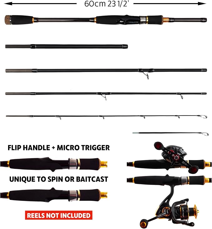 Rigged and Ready Predator Series Spin & Baitcast Travel Fishing Rods. Unique Spin Cast Micro Trigger. Compact Hi-Carbon Rods. 4 Rod Sections, 2 Tips, + case. Mobile Lure Rod Anglers. Fresh & Saltwater
