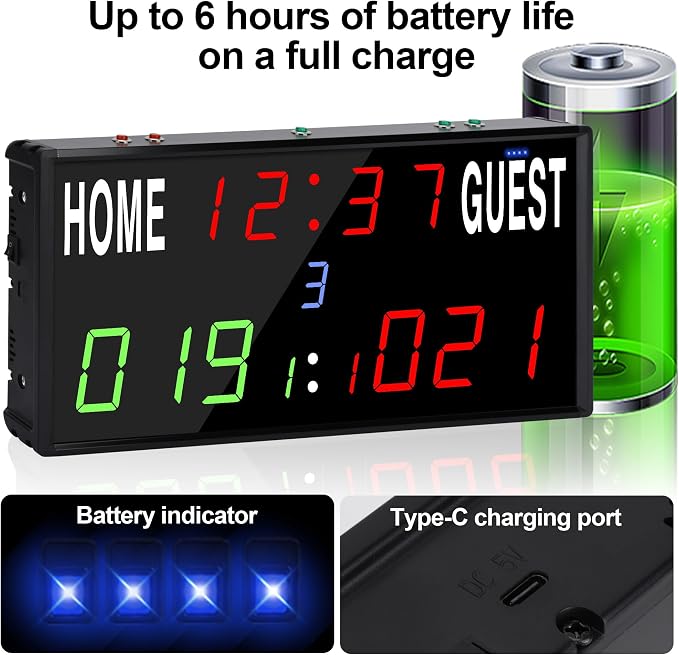 LED Electronic Scoreboard Digital Score Keeper with Remote/Timer/Shot Clock,Portable Basketball Scoreboard with 40-Foot Remote Control ,100FT VISIBLE,24H Clock,Score History,6 Brightness,3 Placements