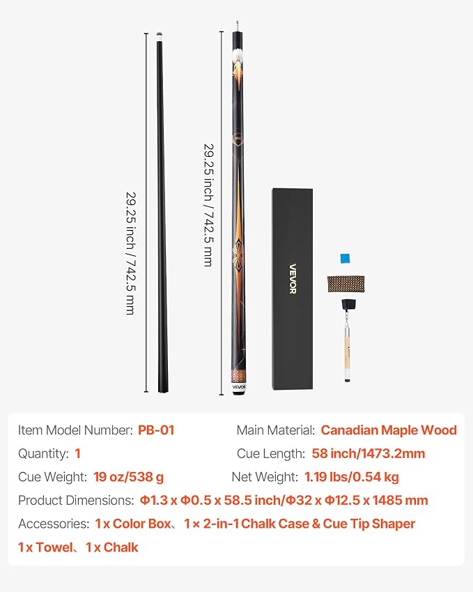 VEVOR Pool Cue, Pool Stick, 58 inch Billiard Pools Cue Stick with Multi-Layer Tip & ABS Connection Ring, Cues Sticks for Professional Pool Table, Bar, Home, Office