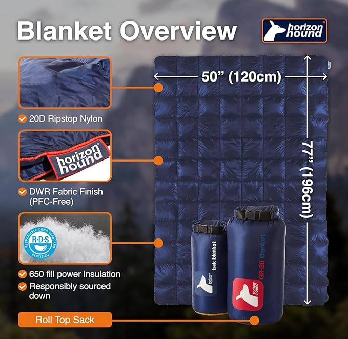 Horizon Hound Down Camping Blanket 650 Fill Power - Ultralight Backpacking Quilt (1lb 6oz) Warm & Water-Resistant 20D Nylon Shell for Outdoors, Camping, Hiking, Travel, & Stadium - Packable