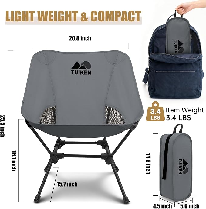 Ultralight Camping Chair Backpacking Chair, Portable Camp Chair with Cup Holder & Storage Bag, Lightweight Compact Folding Chair for Hiking, Travel, Picnic Mountaineering-Grey