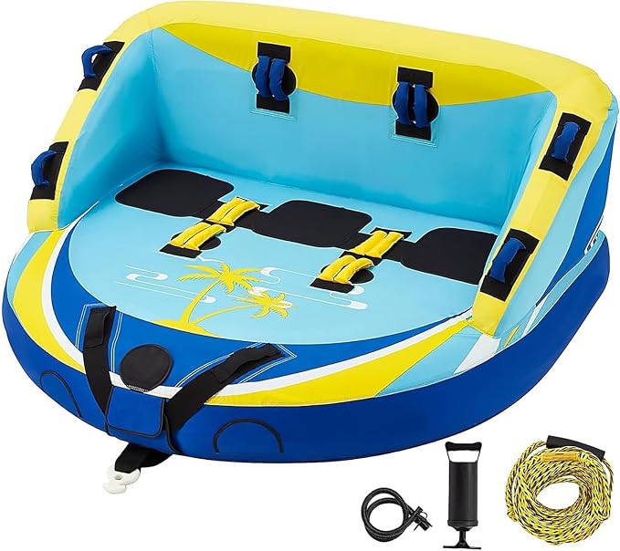 3-Person Towable Tube for Boating, Inflatable Water Sports Towables for Boats to Pull 1-3 Rider, Sofa Style Boat Tube with Dual Front and Back Tow Points, Including Nylon Tow Rope and Air Pump