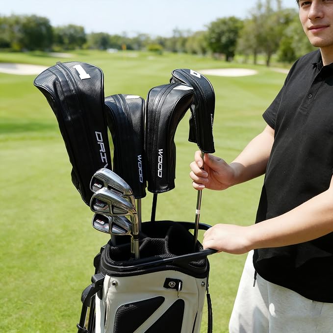 Golf Club Head Covers for Driver Fairway Woods Hybrid, Premium PU Leather Golf Head Covers with Carbon Fiber Pattern, Interchangeable Number Tags, Waterproof Golf Club Covers Set for Men Women