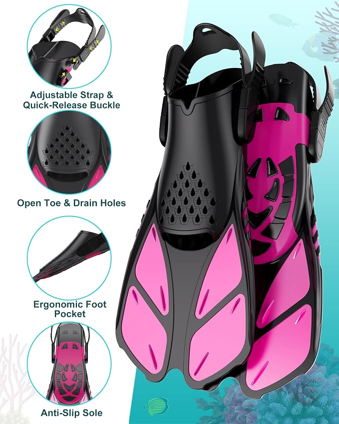 Viginsul Mask Fins Snorkeling Gear for Adults, Full Face Snorkel Mask & Adjustable Swim Fins Snorkel Set, Panoramic View Snorkel Mask Dry Top Anti-Fog Anti-Leak
