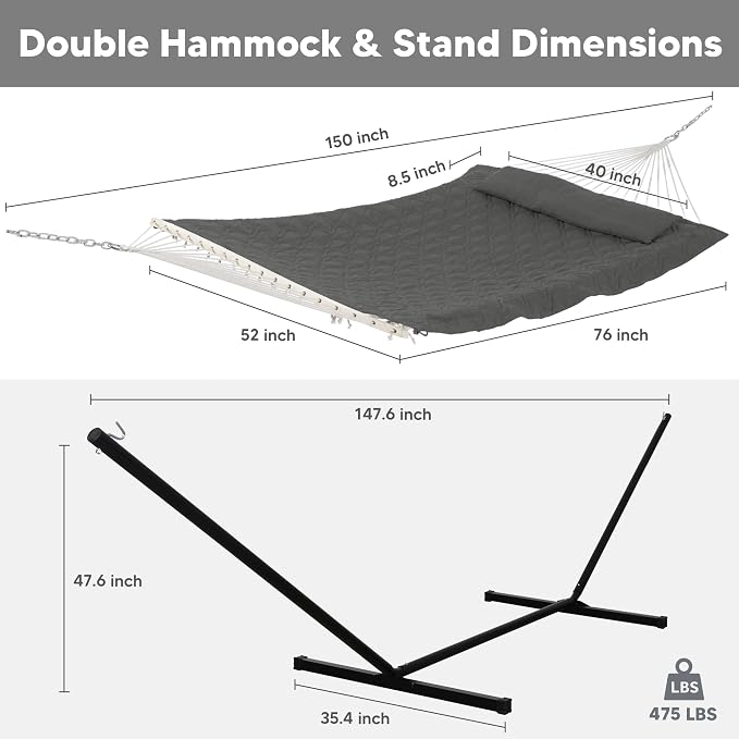 SUNCREAT Hammocks for Outside with Stand, Extra Large 2 Person Hammock with Stand, Carrying Bag, Dark Gray Drops