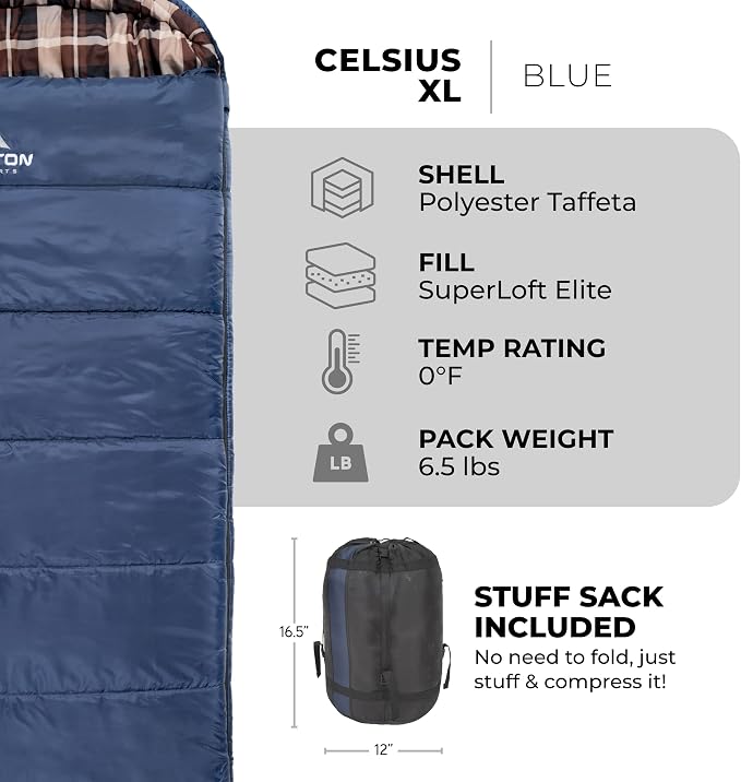 Teton Celsius XL, 25F, 20F, 0F Degree Sleeping Bags, All Weather Warm Sleeping Bag for Adults and Kids, Camping Season, Compression Sack Included