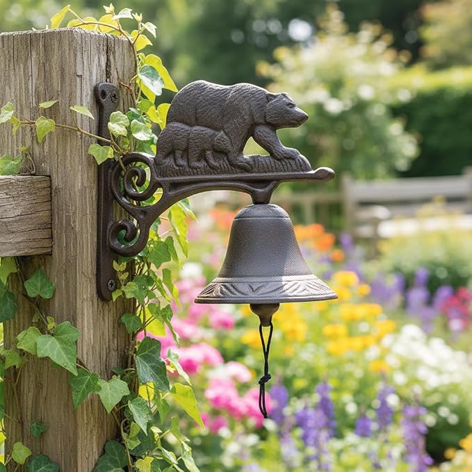 Comfy Hour 7.8" Heavy Duty Cast Iron Bear Dinner Bell, Loud Resonant Wall Mounted Outdoor Doorbell for Farmhouse, Garden & Cabin, Decorative Wildlife Metal Bell for Porch, Antique Black Finish