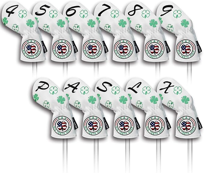Big Teeth Golf Cover Lucky Clover Headcover Covers, Driver Fairway Wood Hybrid Headcovers Fits Blade Mallet Putter Iron and Woods with Magnetic White Shamrock Head Club Protector Leather