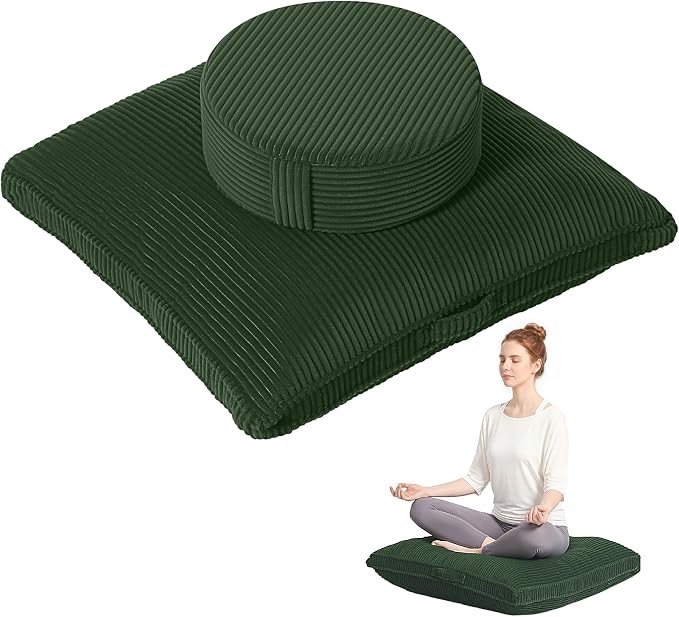 Meditation Cushion Set 32in, Large Round Zafu Floor Pillow for Adults, Soft Meditation Pillow Yoga, Zabuton Prayer Pad Set to Mindfulness, Yoga, Removable Corduroy Cover, Green
