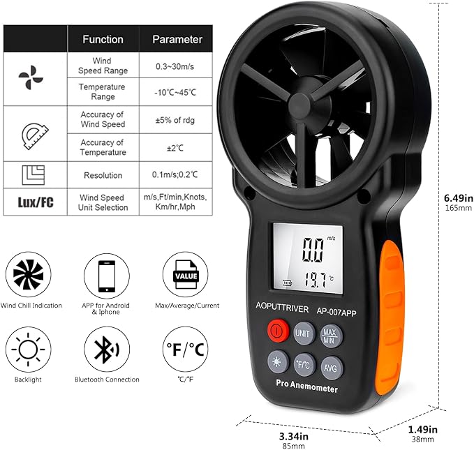 Digital Anemometer Bluetooth, Air Flow Velocity Meter Measuring Wind Temperature Wind Chill Gauge Tester, Handheld Wind Speed Meter for Outdoor Sailing Shooting Golf-AP-100APP