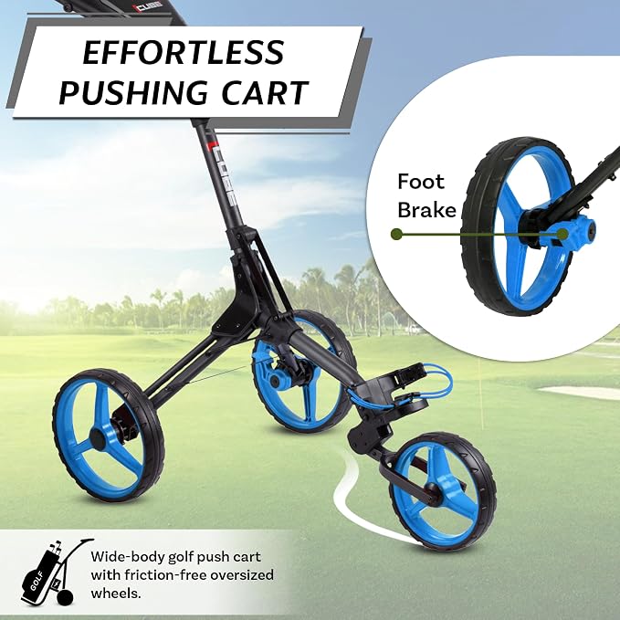 CUBE CART 3-Wheel Golf Push Cart – Ultra-Compact 14.5 lb Folding Golf Trolley, Two-Step Fold, Adjustable Handle, Foot Brake, Umbrella Holder & Built-in Storage