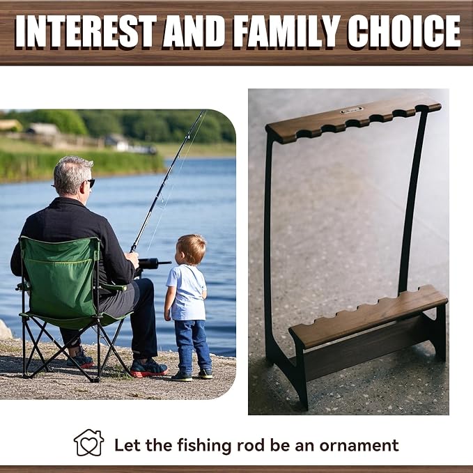 Fishing Rod Holder for 6 Rods, Fishing Pole Holder for Garage Organization and Storage, for Fishing Reels, Bamboo Material and Walnut Wood (Walnut)