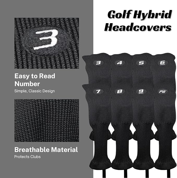 All Hybrid Head Cover Golf Club Black Sleek Tight Fit Headcover Set 3-PW Acrylic Head Covers 3 4 5 6 7 8 9 PW Easy to See Large White Embroidered Numbers