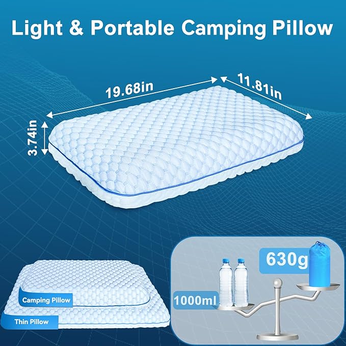 Camping Pillow with Memory Foam-Compressible Medium Firm, Ultralight Cooling Travel Pillow, Outdoor Pillows Ideal for Backpacking, Hiking, Camping, Airplane,Car, Small Beach Pillow with Washable Cover