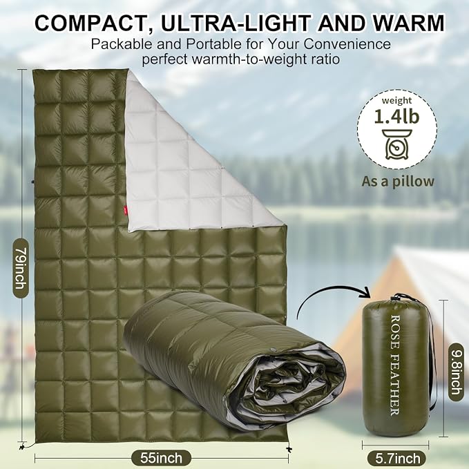 Down Camping Blanket - Lightweight, Packable, Warm & Puffy Outdoor Travel Quilt for Sleep, Hiking, Backpacking, Stadium, Festivals, Water-Resistant Sleeping Bag 55"x79"