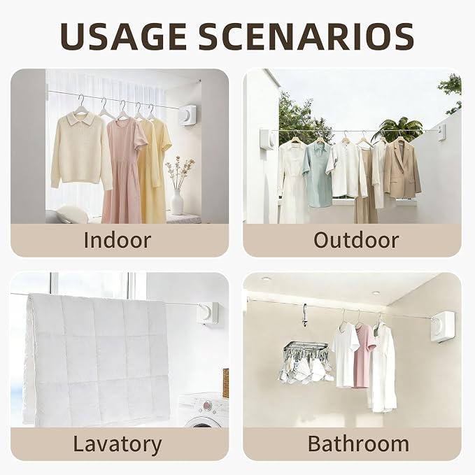 Anti-Sag Retractable Clothesline 40LB Capacity - 201in Stainless Steel Laundry Line for Indoor Outdoor, Wall Mounted Space Saving Easy Install (White, Single line)