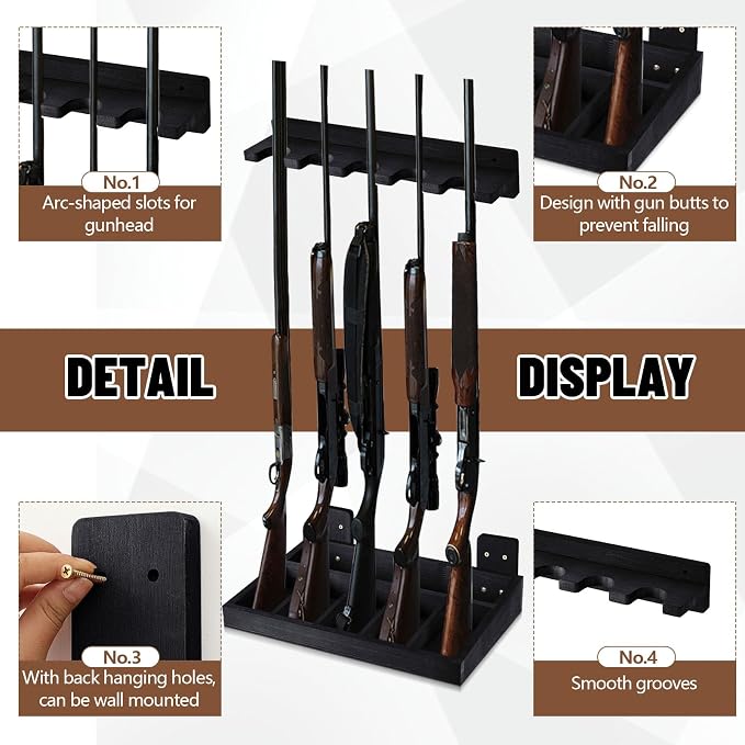 GlikCeil 1 Set Wooden Vertical Gun Rack Wall Mount Indoor Hold up to 5 Long Guns Shotguns Rifle Racks Display Holder Stand for Firearms Display Storage Home Accessories Office