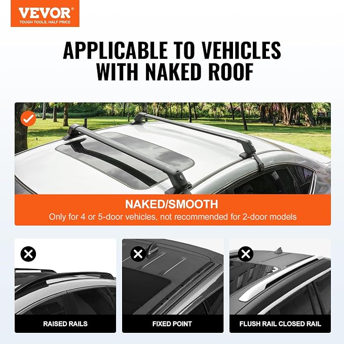 VEVOR Roof Rack Cross Bars, Aluminum Roof Rack Crossbars, Fit Roof Without Side Rail, 155 lbs Load Capacity, Adjustable Bare Roof Crossbars with Locks, for SUVs, Sedans, and Vans