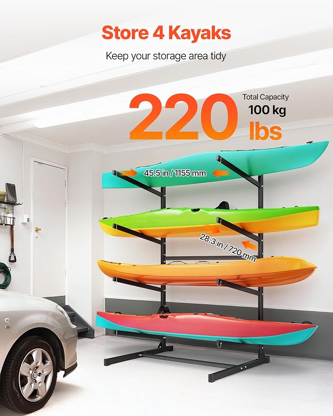 VEVOR Kayak Storage Rack, Heavy Duty Adjustable Freestanding Stand with Lockable Wheels for Indoor Outdoor Garage Shed Dock, Holder for Canoe, SUP, Surfboard & Paddleboard