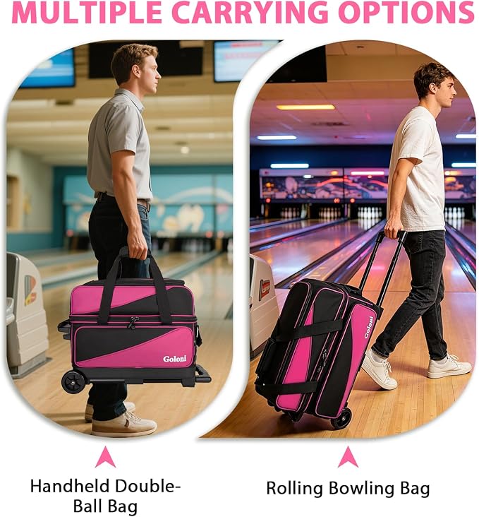 Goloni 3 Ball Bowling Bag with Wheels, 2+1 Double Roller Bowling Bag with Shoe Compartment,Tote Bag for Bowling Accessories