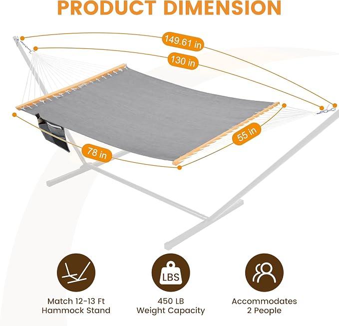 Lazy Daze Hammocks 11 FT Double Outside Hammock Quick Dry Olefin Fabric Hammock with Spreader Bar & Side Pocket for Outdoor Poolside Backyard 450 lbs Capacity, Grey