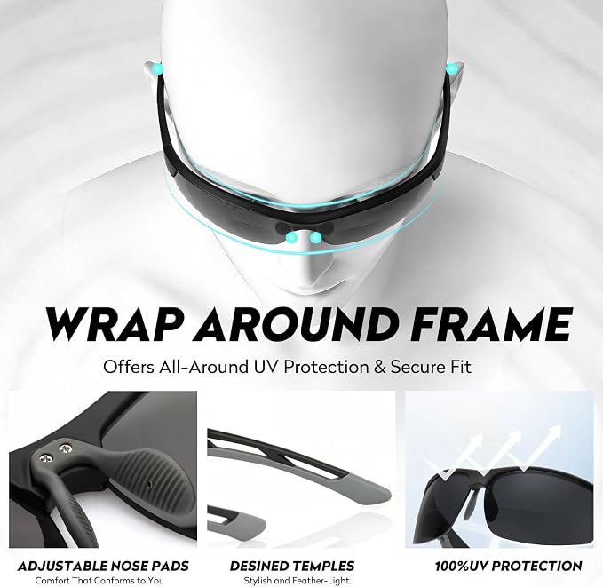 Missfive 2 Pack Mens Preferred Bifocal Sunglasses with Readers Built in, Sporty Semi-Rimless Wrap Dark Reading Glasses UV400 Protection, Adjustable Nose Pad Sun Reader for Outdoor/Driving 2.25x