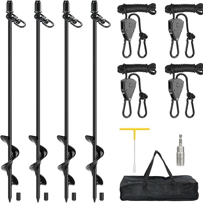 4 Pack Screw-in Tent Stakes, 17.7" Heavy Duty Spiral Ground Anchors (8mm Solid Steel, 1.5" Helix) w/ 4×8ft Ratchet Guy Lines, M12 Wrench & Bag for Camping Tents, Canopies, Tarps, Beach Sand