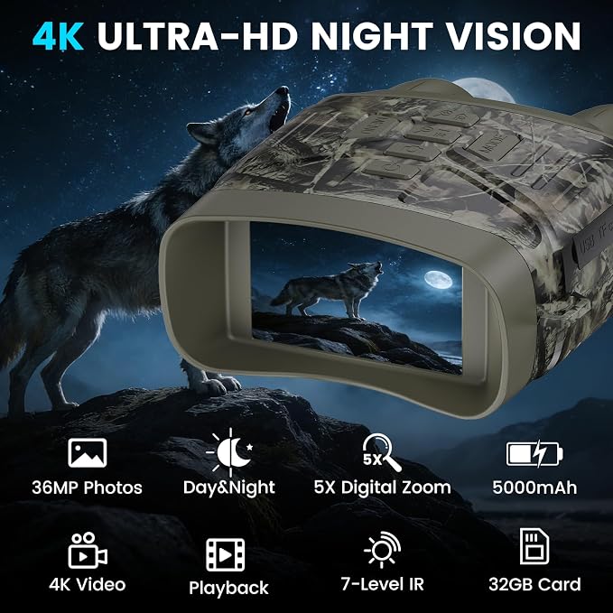 Night Vision Goggles for Adults, 4K Night Vision Binoculars with 5000mAh Rechargeable Battery and 32GB TF Card for Hunting, Wildlife Observation and Security