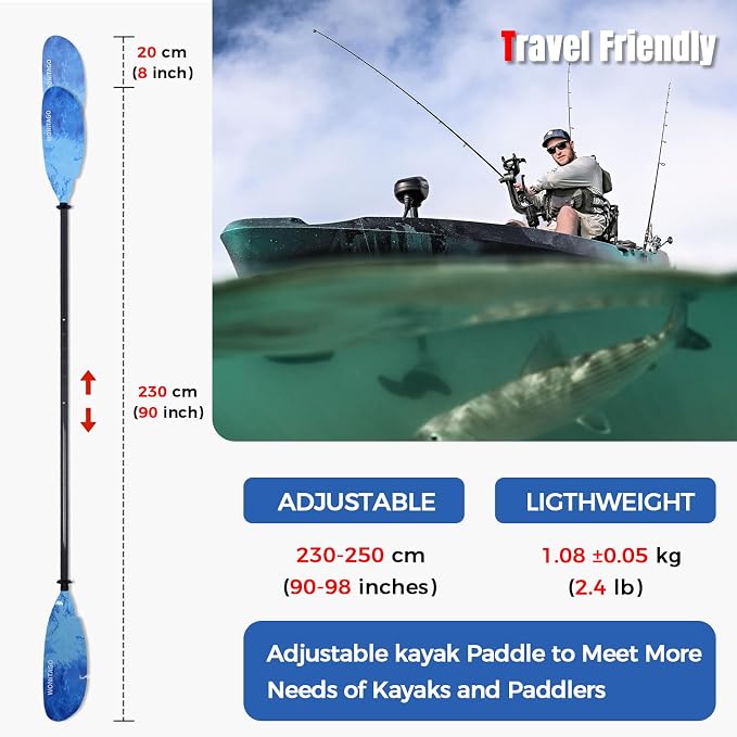 Angler Kayak Paddle Carbon Fiber Shaft and Plastic Blade, Floating Adjustable Fihsing Kayak Oar with Paddle Leash, 230-250cm/90-98 inch