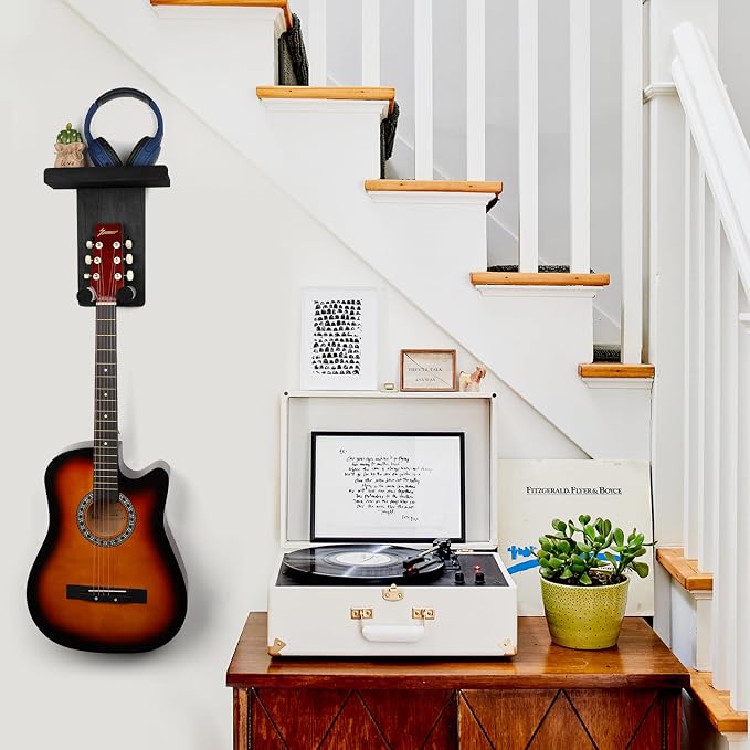 Keebofly Guitar Wall Mount - Single Pack, Wall Hanger with Pick Holder - Guitar & Ukulele Rack, Rustic Wood Black, Patented