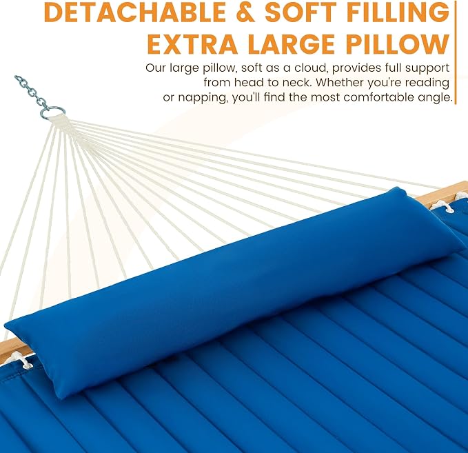 Lazy Daze 12 FT Double Quilted Fabric Hammock with Spreader Bars and Detachable Pillow, 2 Person Hammock for Outdoor Patio Backyard Poolside, 450 LBS Weight Capacity, Dark Blue/Natural