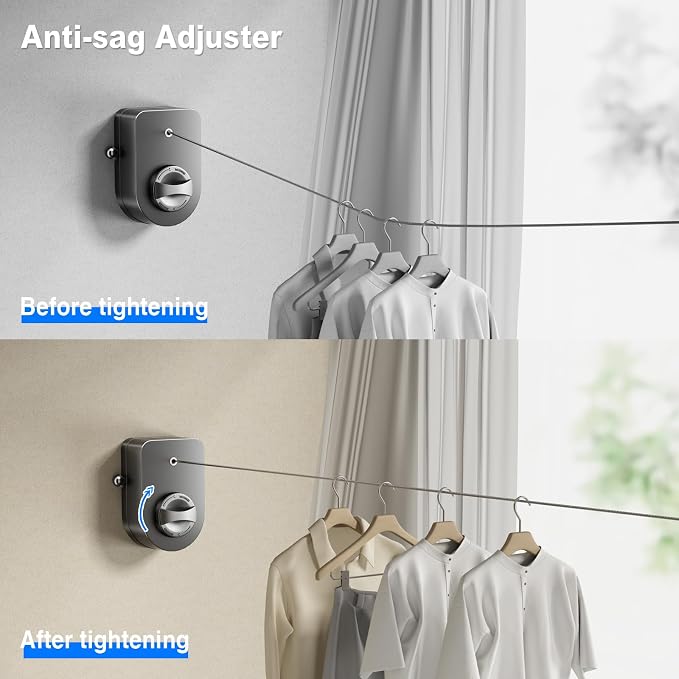 Mustorn Retractable Clothesline Indoor, Non-Sagging Outdoor Clothes Line Retracting Heavy Duty Clothes Drying Laundry Line Wall Mounted Stainless Steel Line-13.8 Feets (Single Line-Gray)